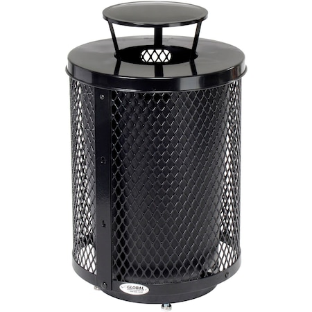 Global Industrial Outdoor Diamond Steel Trash Can W/Rain Bonnet Lid & Base, 36 Gallon, Black 261926BKD